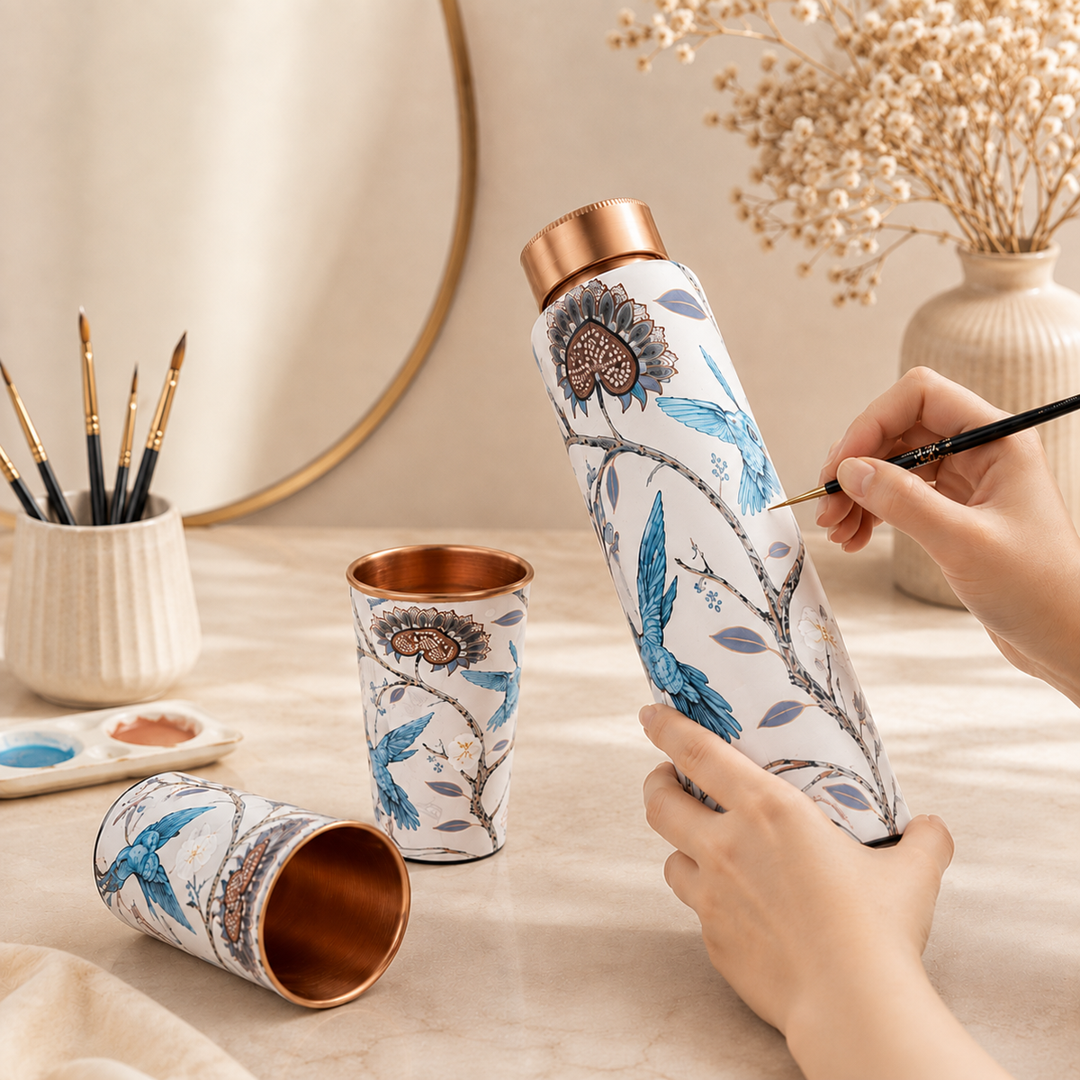 Traditional copper bottle with elegant Meenakari artwork