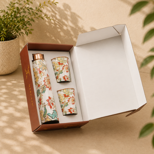 copper water bottle and glass set for daily use and gifting