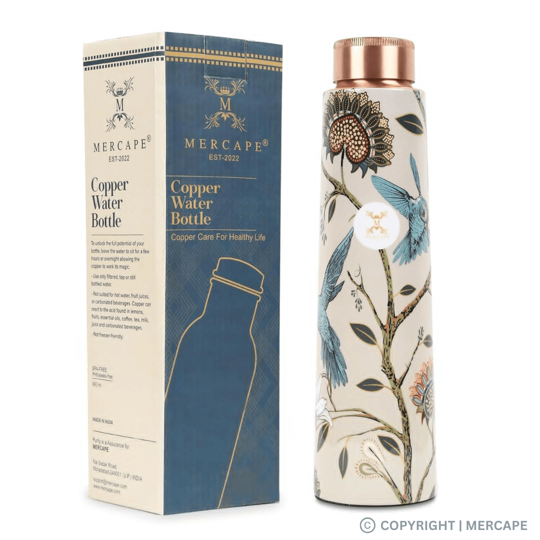 A MERCAPE branded pure copper water bottle with a floral printed design, displayed alongside its packaging box.